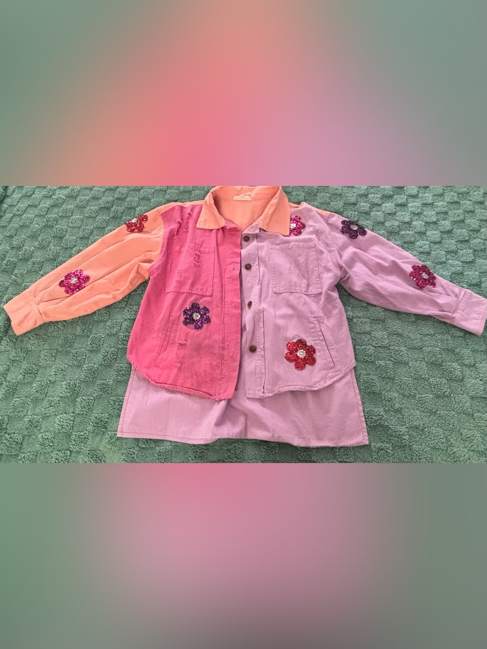 Peach Love California Colorblock Sequin Flower Jean Jacket